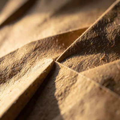 Paper edge at fold, microscopic view of fiber separation where sheet bends past 