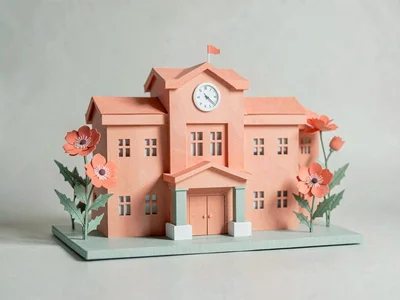 Papercraft hero of a layered paper-cut civic-hall facade with paper-cut hollyhoc
