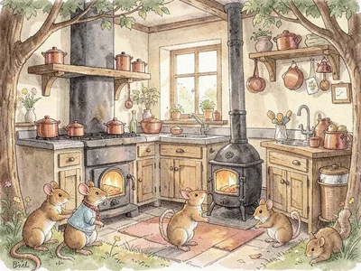 Cozy mouse kitchen with copper pots