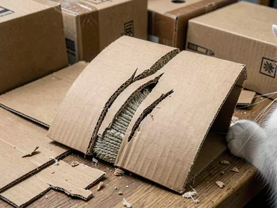 Cardboard cat scratcher with claw marks, feline destruction of packaging