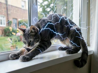 Cat stretching on windowsill, spine arched, fur as pure electricity