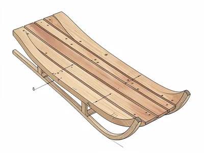 Cross-section of a wooden toboggan sled with rib stations spaced along the deck,