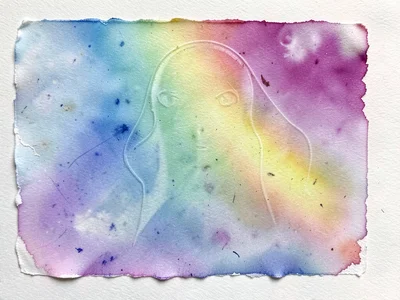 Ghost monoprint in rainbow ink, faded spectrum from second pull, dreamlike