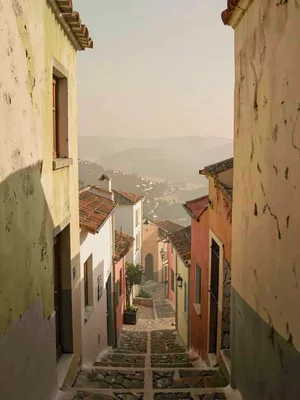 Stepped alleyway descending between bleached walls toward a slice of distant val