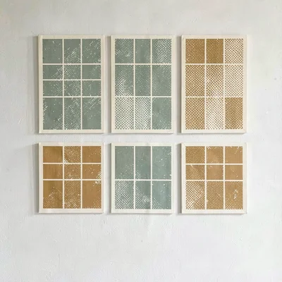 Bold screenprint design of a gallery wall with halftone canvas grid, sage and oc