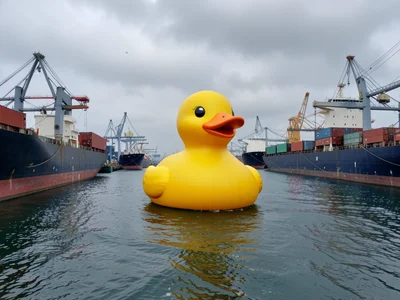 Giant rubber duck floating in harbor between cargo ships, overcast sky