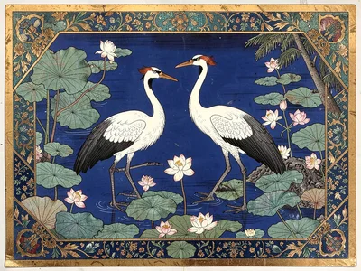 Two cranes standing in a river of lotus blossoms