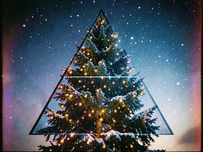 Christmas tree merged with winter night sky, double exposure, stars and lights