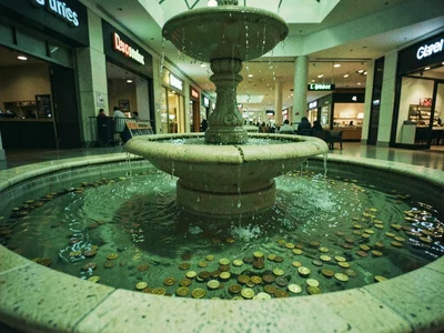 Dead mall fountain with pennies still visible through murky water, cross-process