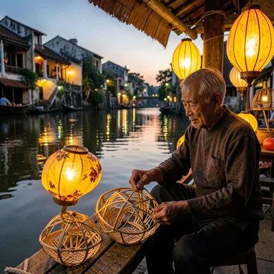 Hoi An lantern glow, silk amber on water, elderly man crafting bamboo lantern fr