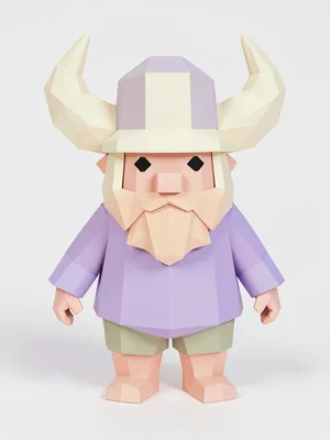 Horned lavender lowpoly viking character idle with chunky cream horned helmet an