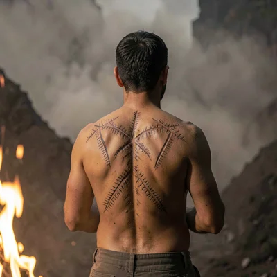 Dense atmospheric mist, rich earthy textures, A mans back with healed scarificat