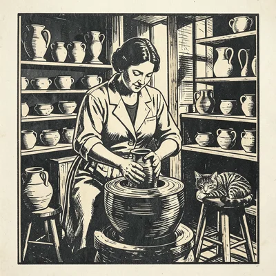 A woman at a potter's wheel in a sunlit studio, hands shaping a tall vase, shelv