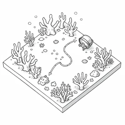 isometric reef diagram with dive path, clean linework
