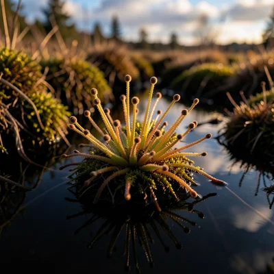 Sundew rosette macro — sticky gland-tipped tentacles of a single rosette backlit