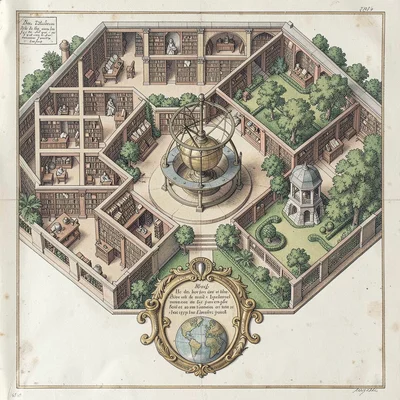 A Renaissance scholar-library plan with reading rooms, manuscript stacks, a glob