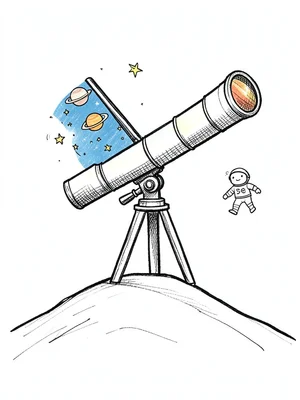 A telescope on a hill, the view through it showing planets and stars, small astr