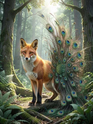 Fox with peacock tail, displaying iridescent feathers in forest clearing, magica