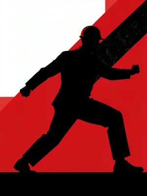Factory worker silhouette in a powerful diagonal lunging pose, red and black