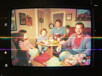 Tape-worn recording of thanksgiving football on TV, family room, retro