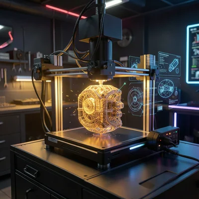 3D printer mid-print, intricate object taking shape in amber-lit workshop