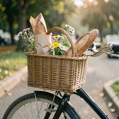 Atmospheric photo of a wicker basket on a parked bike holding a paper-wrapped ba