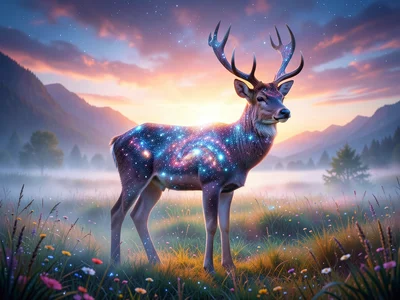 Deer standing in misty meadow, its body filled with milky way galaxy, double exp