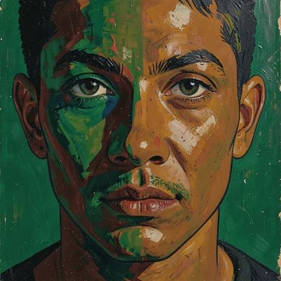 Close-up of a face with one side green shadow, the other raw umber, no gradual t