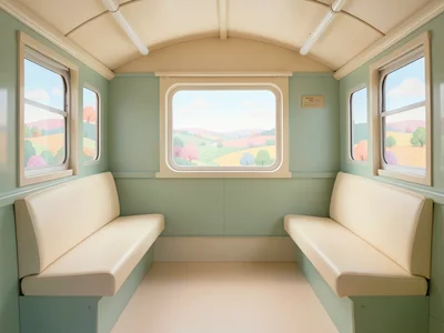 Train compartment in sage green and warm cream, symmetrical seats, window showin