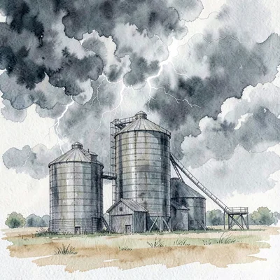 silos and grain bins against a thunderhead sky, dramatic painterly