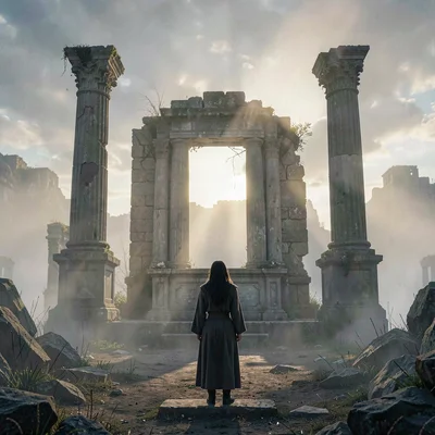 Cinematic narrative wide of a lone figure standing before a ruined altar at dawn