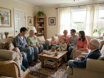 Living room with family gathered, all in frame
