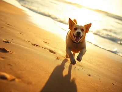 Candid photography style, a joyful dog running along the shoreline on a sunny beach, sand kicking up under its paws, oce