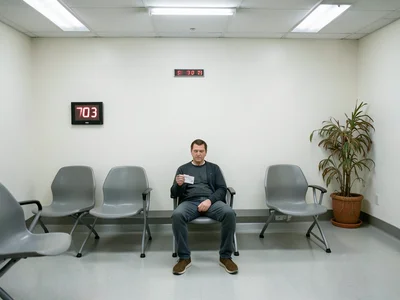 A single person sitting in a row of connected plastic chairs in a DMV waiting ro