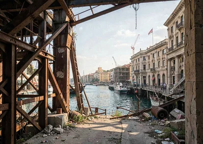 Mediterranean hard light on Beirut's wounded elegance, harbor view through ruste
