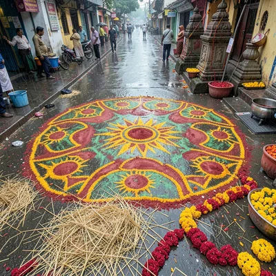 Looking down at Chennai's overlooked patterns, Kolam made with colored powder fo