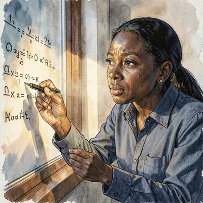 A determined Black PhD candidate in her thirties writing equations on a window w