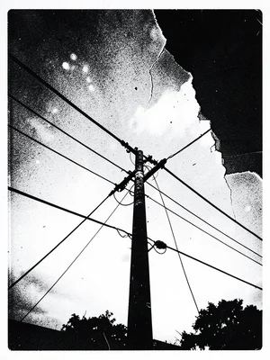A telephone pole and wires against a sky that's breaking into copier artifacts