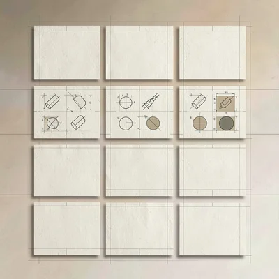 Top-down grid of twelve drafting symbol swatches on cream card, faint constructi