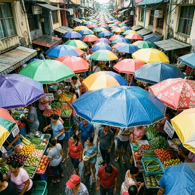 Documentary photograph of megacity life, dense urban scene, An open-air market f