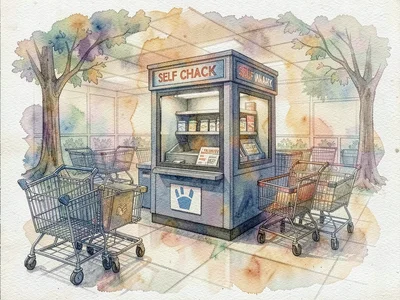 Self-checkout kiosk at Walmart, shopping carts scattered, dreamy multiple pigmen