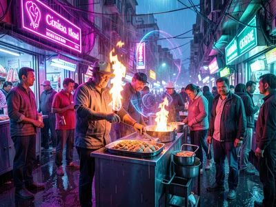 Street food vendor cooking with plasma burners, holographic flame, customers wai