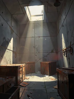 Buried bunker armory with a single skylight shaft over rusted crates, warm rust 