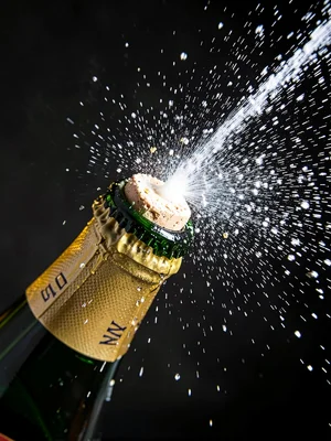 Champagne cork at moment of release with spray just beginning to emerge