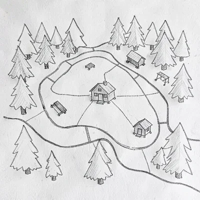 hand-drawn camp site map with cabin icons and forest contours, no text