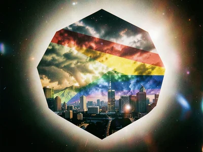 Pride flag merged with city skyline, double exposure, hexagonal frame