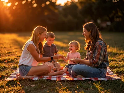 Family picnic in late afternoon light