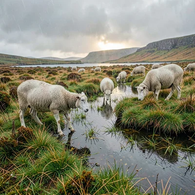 Connemara bog light, Atlantic silver, Sheep grazing in soft drizzle, wool damp, 