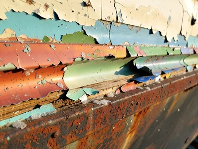 Boat hull paint, anti-fouling layers of copper red, green, and blue peeling in m
