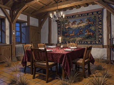 Oak-beamed manorial dining hall at late evening with one iron candle wheel hung 